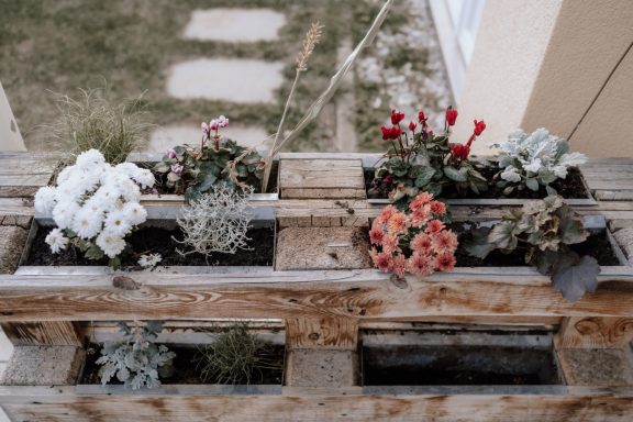 Deko: Holzpalette mit Blumen bepflanzt